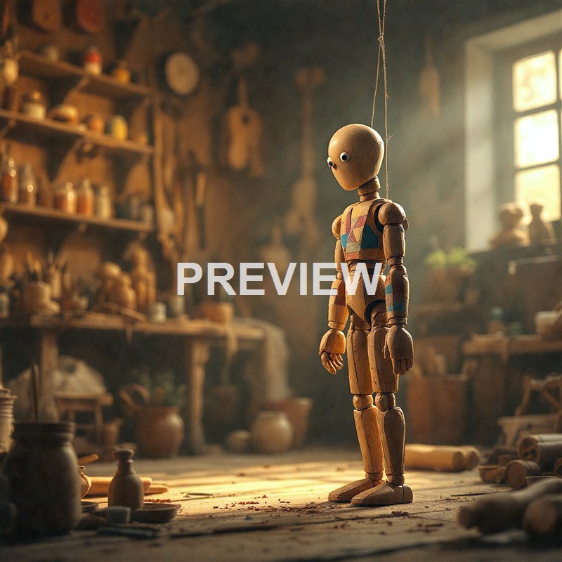 A wooden puppet with painted details stands in a rustic, sunlit workshop filled with pottery and tools, with a window casting warm light through the room.